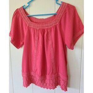 OZOC WOMEN's S/M Pink Top Short Sleeve Soft Loose w Crochet Detail Hems